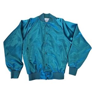 Vintage 90s Aqua Blue Blank Satin Nylon Auburn Sportswear Jacket Small NEW